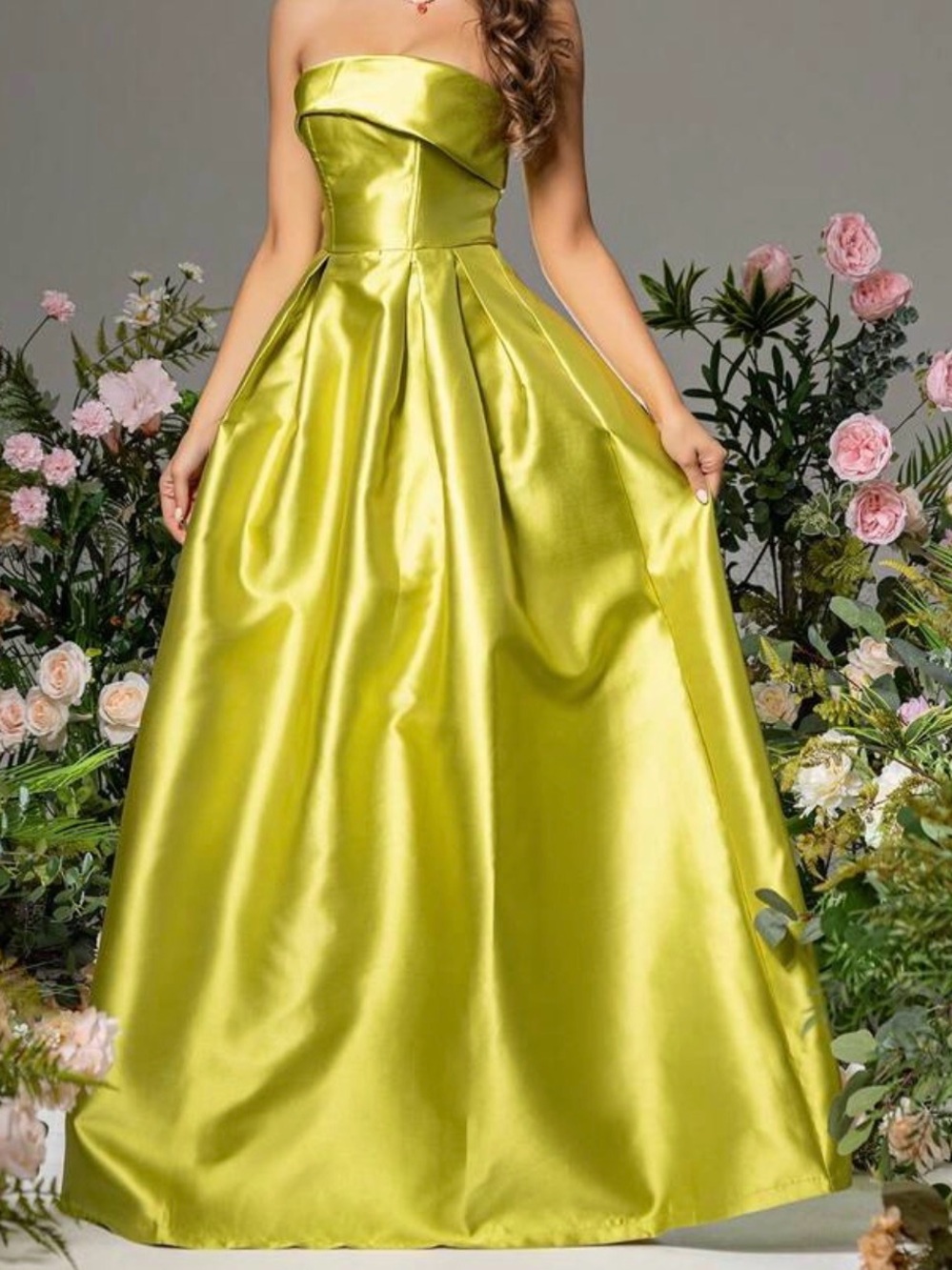 Strapless Lime Satin Evening Ball Gown